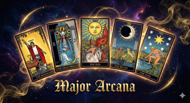 May include: Five tarot cards from the Major Arcana are displayed, including The Magician, The High Priestess, The Sun, The Moon, and The Star. The cards have gold borders and feature detailed illustrations. The words "Major Arcana" are written in a decorative font.