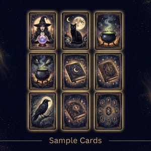 May include: Nine tarot cards with mystical illustrations, including a witch, black cat, cauldron, and raven. The cards have a dark, celestial background with the words "Sample Cards" at the bottom.