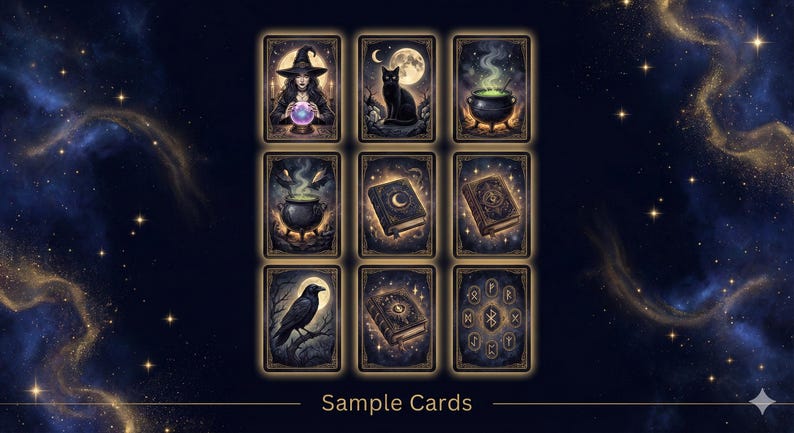 May include: Nine tarot cards with mystical illustrations, including a witch, black cat, cauldron, and raven. The cards have a dark, celestial background with the words "Sample Cards" at the bottom.
