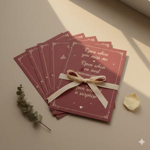 Peut inclure: Un ensemble de cartes mauves, liées par un ruban crème. Les cartes présentent des bordures décoratives et du texte blanc, avec des phrases comme "Open when you miss me". Une brindille et un pétale sont également présents.