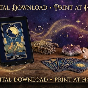 May include: A digital download image featuring a tarot card with a moon design displayed on a tablet. The image includes lit candles, crystals, and other tarot cards. Text reads "DIGITAL DOWNLOAD &bull; PRINT AT HOME".