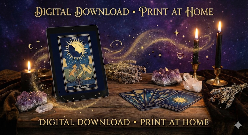 May include: A digital download image featuring a tarot card with a moon design displayed on a tablet. The image includes lit candles, crystals, and other tarot cards. Text reads "DIGITAL DOWNLOAD &bull; PRINT AT HOME".