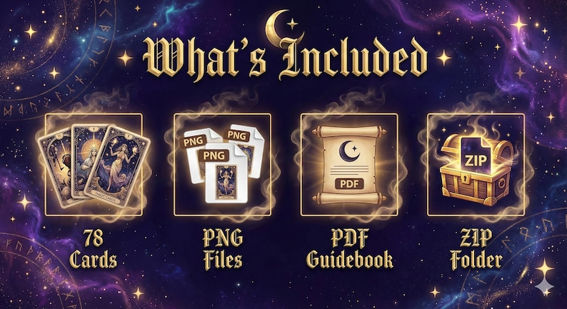 May include: An image with the text "What's Included" features a tarot card deck, PNG files, a PDF guidebook, and a ZIP folder, all with a celestial theme. The cards are illustrated with mystical figures.