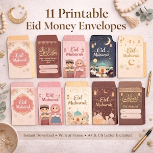 Puede incluir: Una colección de once sobres de dinero Eid imprimibles con varios diseños. Los sobres presentan ilustraciones de mezquitas, lunas crecientes y niños. El texto incluye "Eid Mubarak" y espacio para detalles de "Para" y "De". La imagen también indica "Descarga instantánea".
