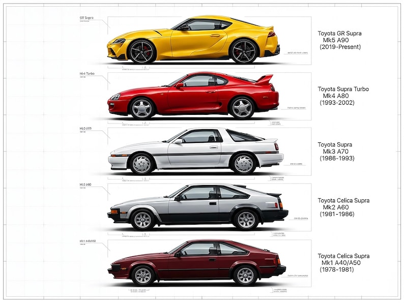 Toyota Supra Generations Mk1 to Mk5 Side View Digital Illustration ...
