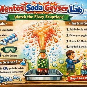 May include: A colorful illustration for a Mentos Soda Geyser Lab experiment. The image shows a bottle erupting with foam, with instructions and materials listed. The text reads "Watch the Fizzy Eruption!" and "Rapid Gas Release!"