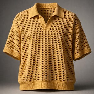May include: Mustard yellow crochet polo shirt with short sleeves and a V-neck collar. The shirt has a breathable, open-weave design, and a ribbed hem and sleeve cuffs. The shirt is a solid color and is made of a soft, comfortable material.