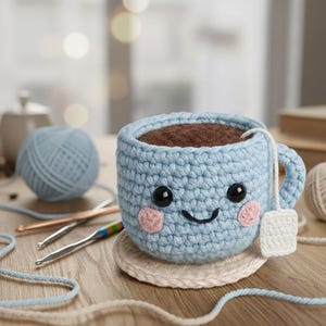 May include: A light blue crocheted teacup with a smiling face, black eyes, and pink cheeks. The cup contains brown filling and a white tea bag. It sits on a beige coaster, with yarn and crochet hooks in the background.