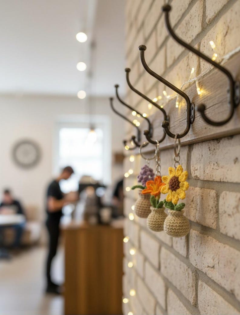 May include: A decorative wall-mounted coat rack with five dark metal hooks. Three crochet flower keychains hang from the hooks. The wall is made of light-colored bricks, and small lights are strung along the wooden backing.
