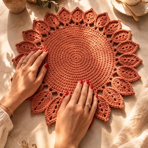Può includere: Un centrino all'uncinetto fatto a mano, color terracotta, con un motivo a girasole. Il centrino è circolare, con un motivo a spirale centrale e bordi a forma di foglia. Sono visibili anche una tazza da tè, una candela e un vaso decorativo.