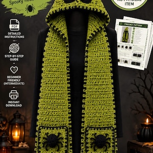 May include: A lime green crochet hooded scarf featuring a pointed hood with black triangular eye cutouts, long scarf panels with black trim, and two square pockets each adorned with a black spider appliqué. The item is a digital PDF pattern.