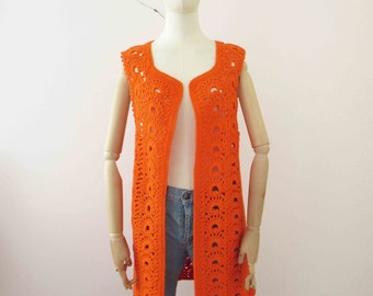 70s Handmade Tangerine Orange Long Wool Crochet Vest Small Medium 20% Off for 2 or more items MORETHANONE20