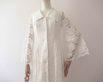 Vintage 90s White Lace Bell Sleeve Maxi Shirt Dress Small Medium 20% Off for 2 or more items MORETHANONE20