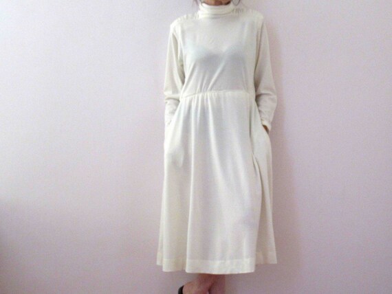 80s Ivory White Poly Cotton Knit Winter Dress Sma