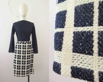 Vintage 60s Navy Blue White Check Plaid Mod Wool Viscose Straight Skirt Medium  20% Off for 2 or more items MORETHANONE20