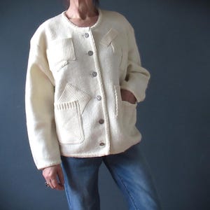 Vintage 80s Wool Ivory White Boxy Cardigan Small Medium With Pockets 20% Off for 2 or more items MORETHANONE20
