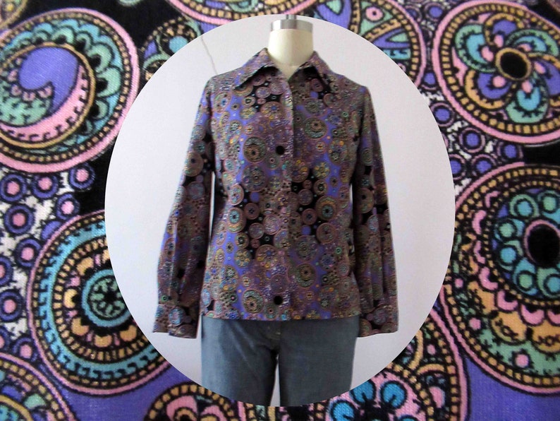 70s Retro Purple Psychedelic Polyester Button Up Blouse Small Medium