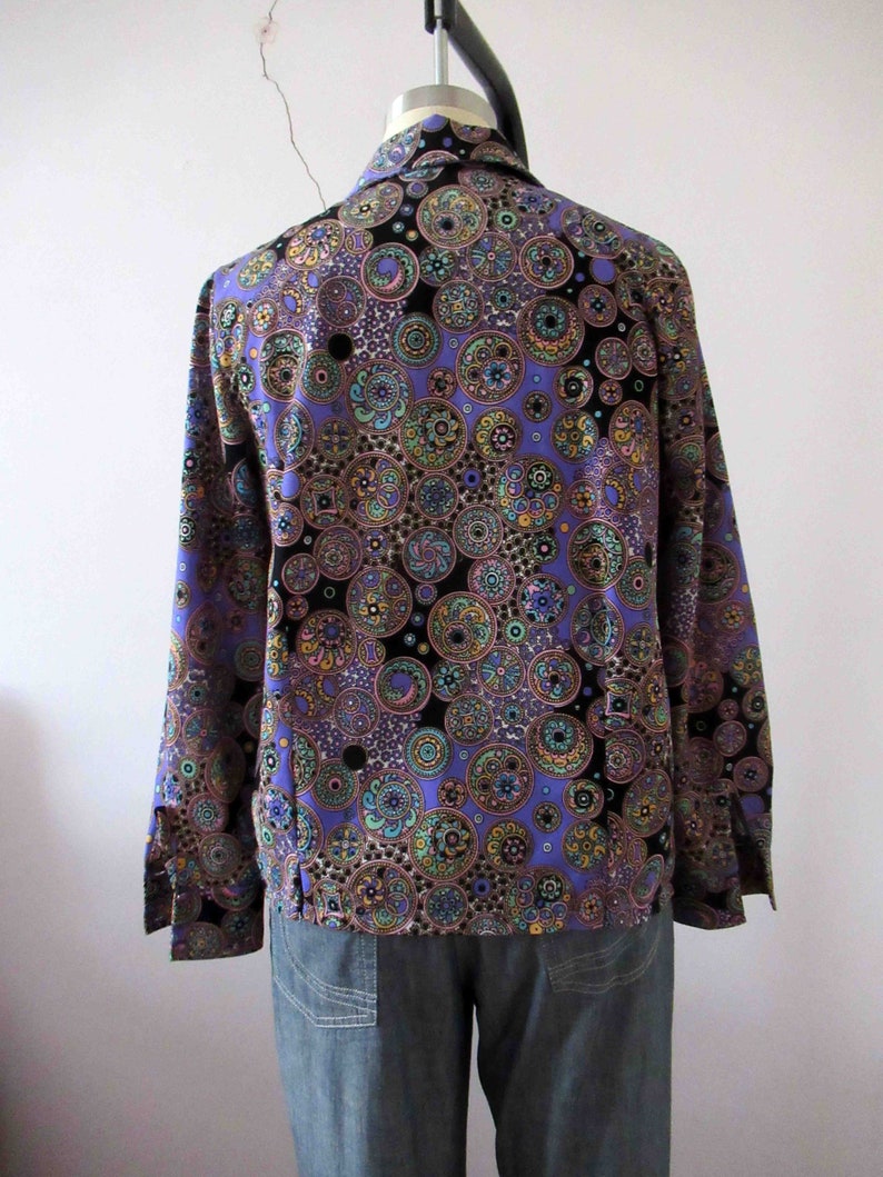 70s Retro Purple Psychedelic Polyester Button Up Blouse Small Medium