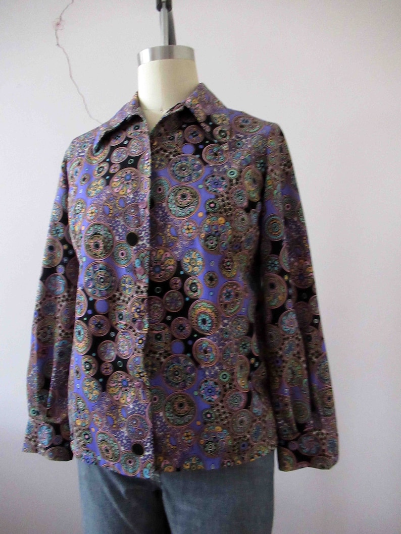 70s Retro Purple Psychedelic Polyester Button Up Blouse Small Medium