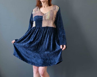 80s Royal Blue Crushed Stretch Velvet Mini Boho Dress Small Medium  20% Off for 2 or more items MORETHANONE20