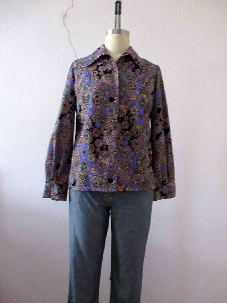 70s Retro Purple Psychedelic Polyester Button Up Blouse Small Medium