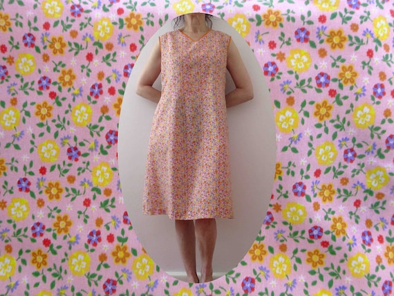 Vintage 80s Handmade Shift Dress Pink Floral Small
