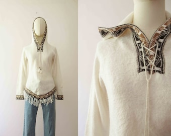 Vintage Alpaca Peruvian Ivory Hooded Sweater Jumper Small 20% Off for 2 or more items MORETHANONE20