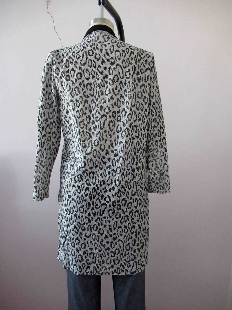 80s Black Silver Lurex Cheetah Print Animal Print Tuxedo Jacket Small Medium