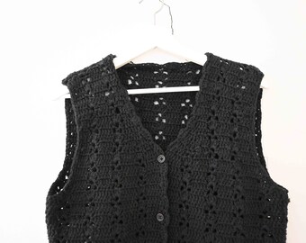 Vintage 70s Crochet Chaleco de lana negro mediano grande hecho a mano 20% de descuento para 2 o más artículos MORETHANONE20
