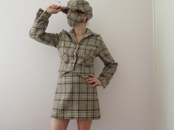 70s Brown Plaid Upcycled Baker Boy Hat Skirt Suit