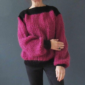 Vintage 80s Fuschia Pink Black Boatneck Mohair Wool Jumper Sweater Handmade Small Medium 20% Off for 2 or more items MORETHANONE20