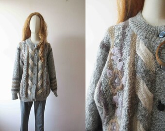 Vintage 80s Cable Knit Embroidered  Coatigan Cardigan Embroidered Small Medium
