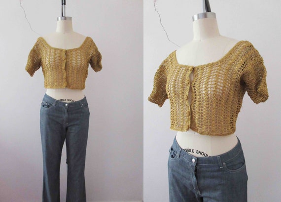 Vintage 70s Metalic Gold Crochet Boho Crop Top Med