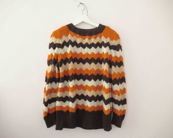 Vintage 70 Hand Knitted Orange Brown Wave Zig Zag Jumper Medium Large 20% Off for 2 or more items MORETHANONE20