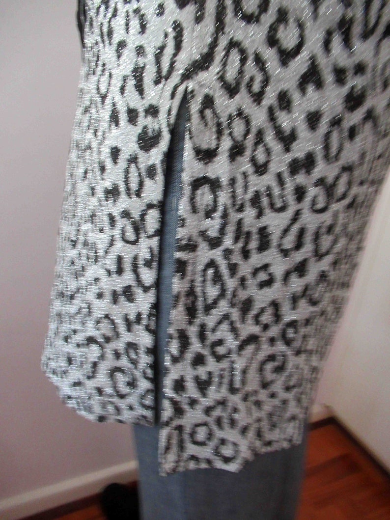 80s Black Silver Lurex Cheetah Print Animal Print Tuxedo Jacket Small Medium