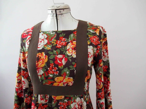 Vintage 70s Floral Cotton Kaftan Dress Small Mediu