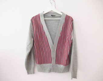 Vintage 70s Grey Red Continental Preppy Acrylic Cardigan Small Medium 20% Off for 2 or more items MORETHANONE20