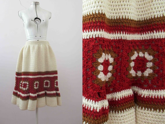 Vintage 70s Granny Square Wool Crochet Winter Skir