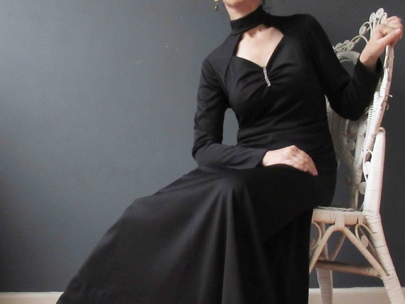 Vintage 70s Black Keyhole Maxi Dress Small