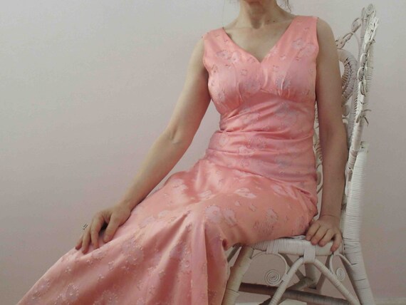 Vintage 60s Pink Brocade Maxi Dress Small