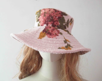 Handmade Terry Cloth Cotton Towel Pink Floral Bucket Sun Hat Small  20% Off for 2 or more items MORETHANONE20