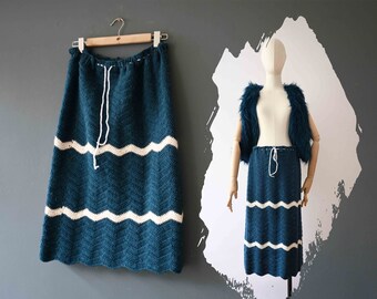 Crochet Wool Teal Blue Ivory Wave Skirt Small Medium  20% Off for 2 or more items MORETHANONE20