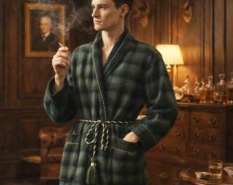 Vintage 60s Green Teal Plaid Wool Mens Dressing Gown Smoking Jacket Medium