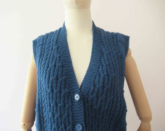 Vintage 80s Handmade Teal Blue Wool Knit Vest Small Medium 20% Off for 2 or more items MORETHANONE20