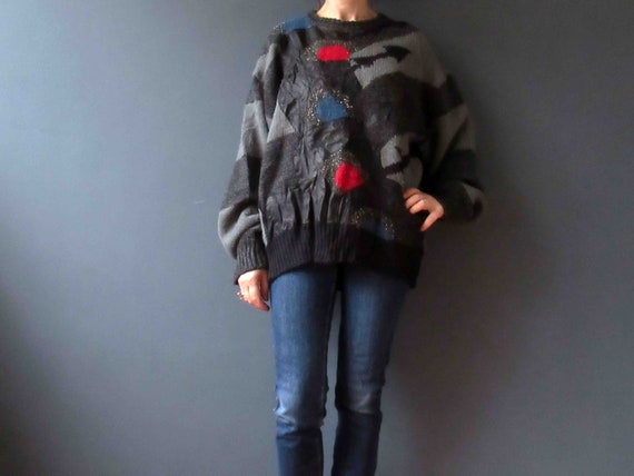 80s Black Grey Mohair Wool Angora Leather Crazy Kn