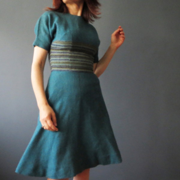 Vintage 50s Teal Blue Circle Skirt Dress, Mad Men Midcentury, Toni Edwards Small