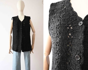Vintage 70s Crochet Black Wool Vest Medium Large Handmade  20% Off for 2 or more items MORETHANONE20
