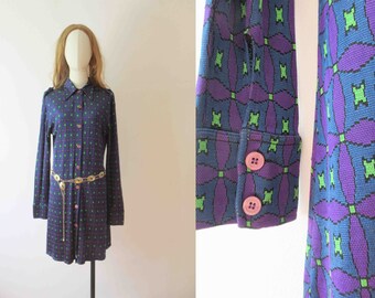 Vintage 90s Does 70s Purple Green Psychedelic  Slinky Jersey Shirt Dress Medium  20% Off for 2 or more items MORETHANONE20