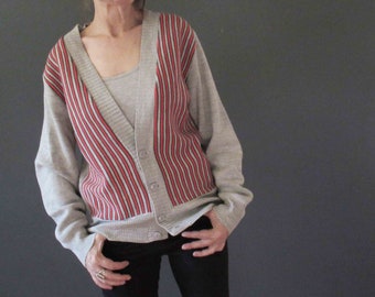 Vintage 70s Grey Red Continental Preppy Acrylic Cardigan Small Medium 20% Off for 2 or more items MORETHANONE20