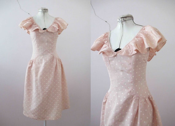 80s does 50s Blush Beige Polka Dot Dress Small